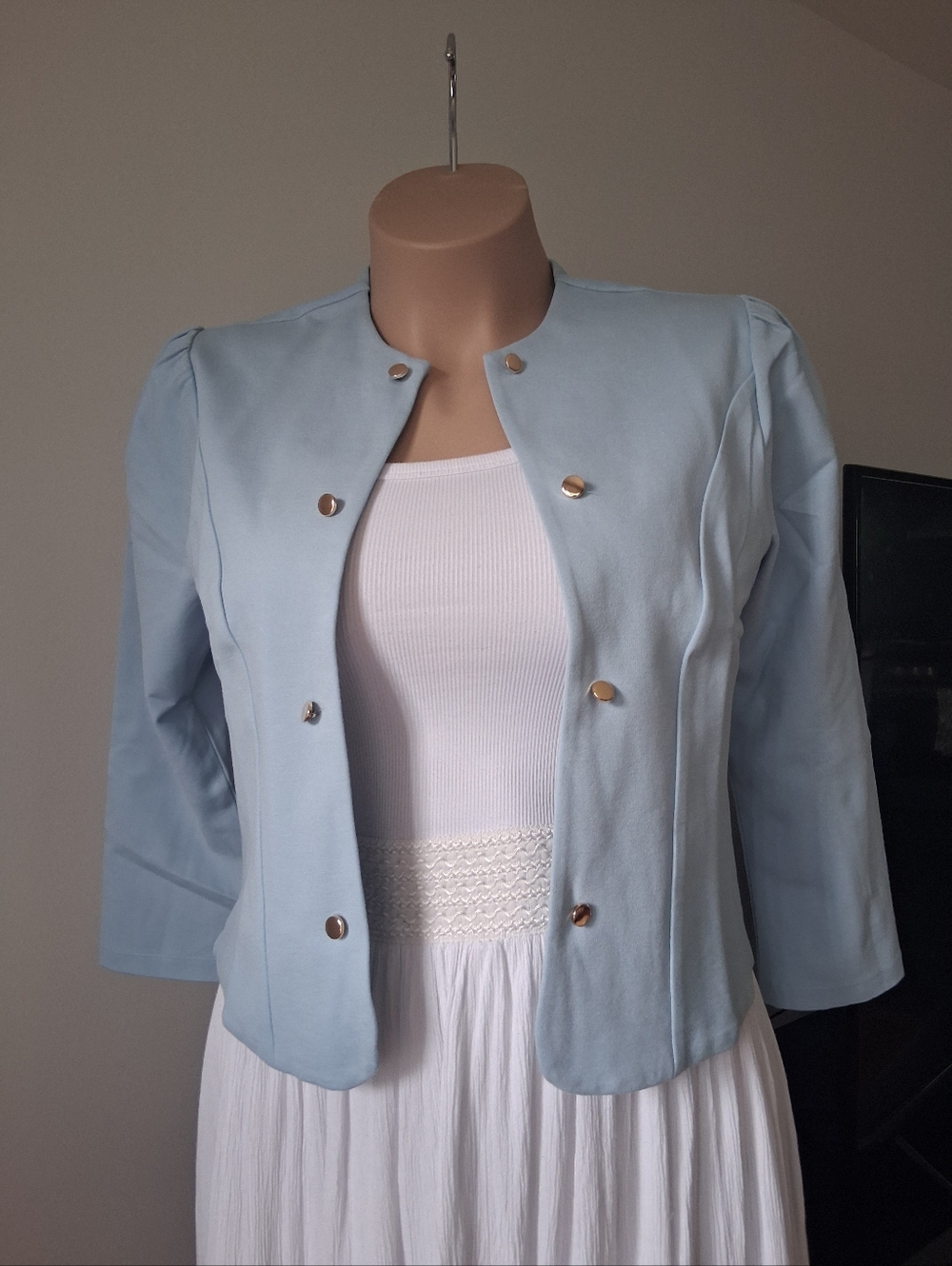 Light Blue Pearl-Button Cropped Jacket - Women